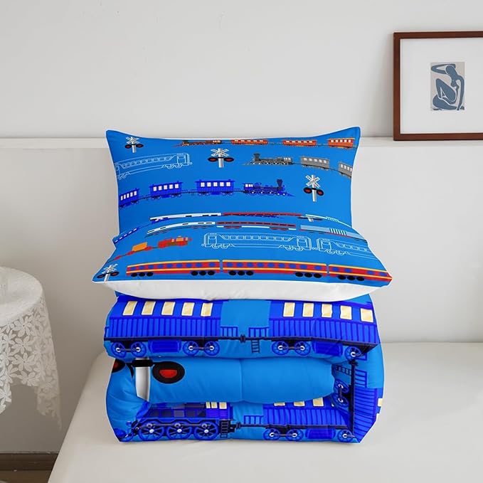 Erosebridal Train King Comforter Set for Boys,Cartoon Car Bedding Set for Kids Boys Girls Toddler,Vintage Car Down Comforter,Retro Steam Railway Rail Traffic Light Duvet Set Bedroom Decor,Blue 3Pcs