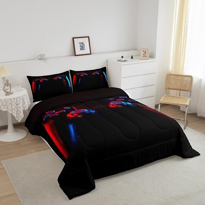 Erosebridal Gaming Bedding Set Gamer Comforter Set Kids Teens Boys Girls Gamepad Quilt Duvet Set Video Game Controller Pattern,Modern Decor 3 Pcs Down Comforter with 2 Pillow Shams,Queen Size,Black