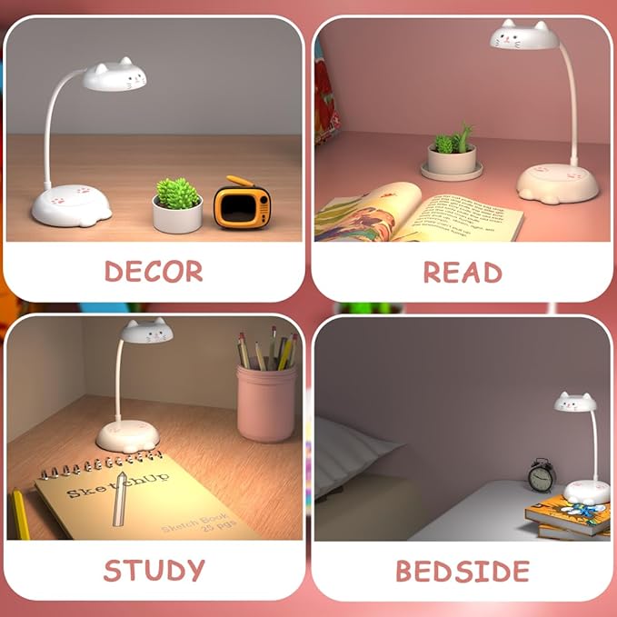 Cute Small Desk Lamp for Kids, Eye-caring Desk Light LED Reading Lamp, 3 Color Dimmable & 45min Timer, Battery Powered Cordless Lamp Rechargeable, Flexible Gooseneck Battery Operated Table Lamp, Cat