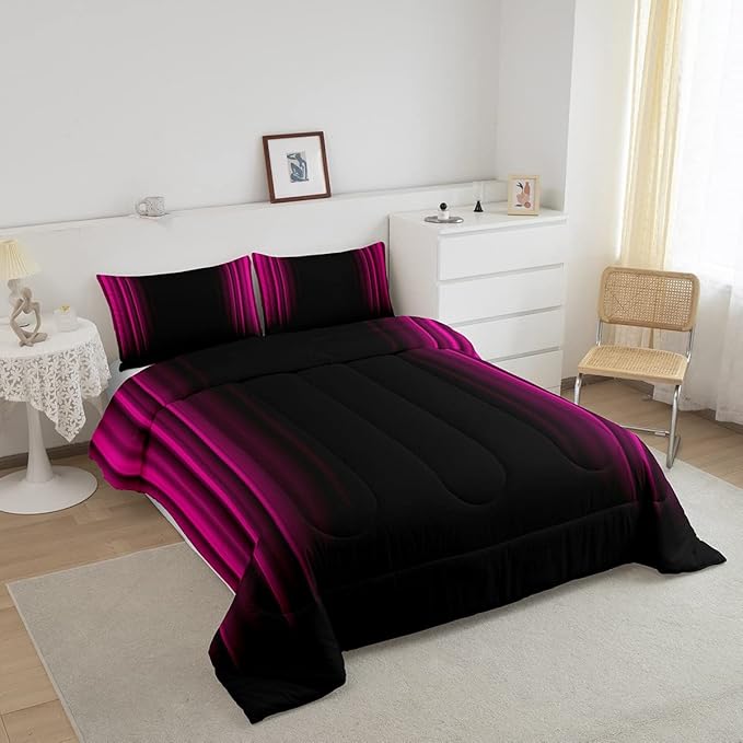 Geometric Abstract Ombre Bedding Bed Set Men Adults Teens Rose Red and Black Striped Comforter Set Kids Boys Girls Simple Modern Comforter Inner Fill Bedroom Collection 3Pcs Full Size