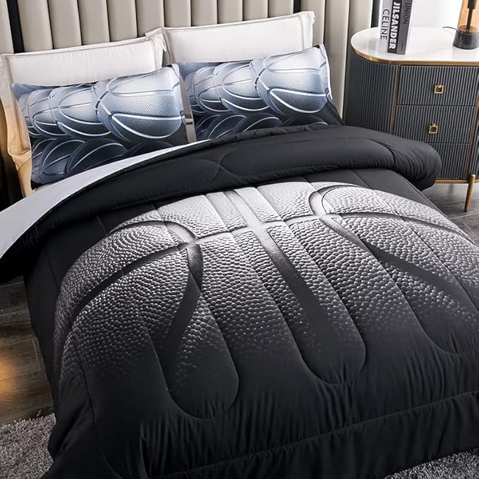 Basketball Comforter Set,Sports Basketall Bedding Set with Pillowcases, Boys Comforter Set Twin,Twin Black Ultra Soft Microfiber Kids Comforter Set,Basketball Bedding for Teen Boy Kids