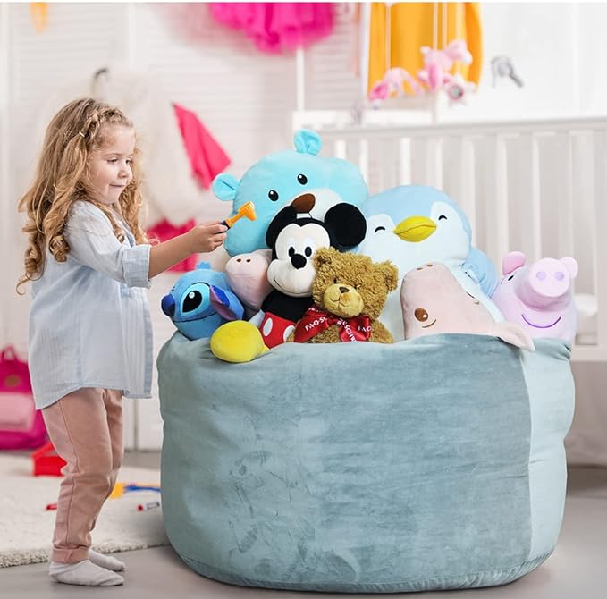 Bean Bag Chair Cover, Stuffed Animal Storage, Plush Toys Organizer Holder, Beanbag Chairs Cover for Kids Teans and Adults Super Soft and Comfortable Fabric X-Large with Handle and Zipper -Round Grey