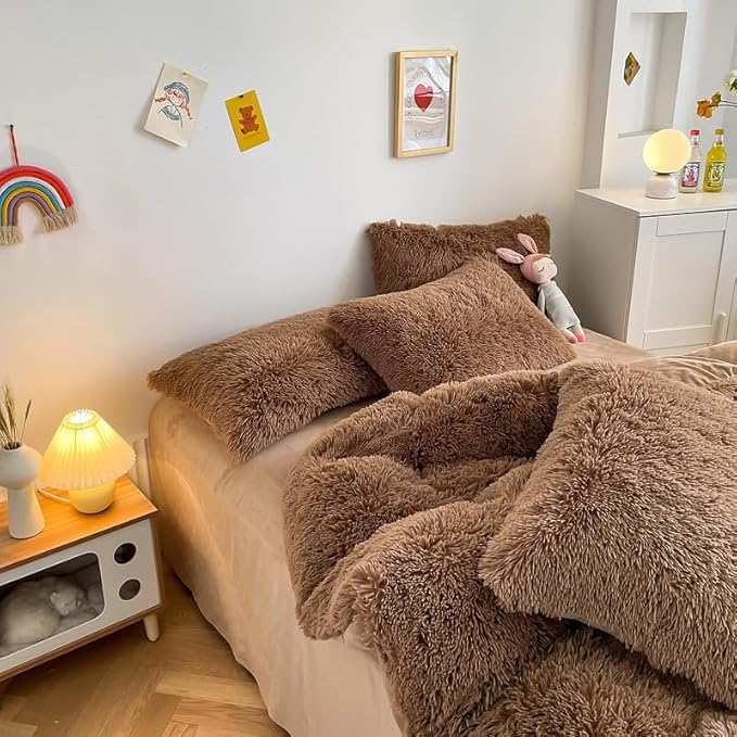 Faux Fur Kids Girls Coffee Comforter Sets Queen - 3PC Bed Set Warm Comfortable Soft Plush Flannel Velvet Fluffy Fuzzy Bedding（Comforter x 1 Pillowcases x 2）