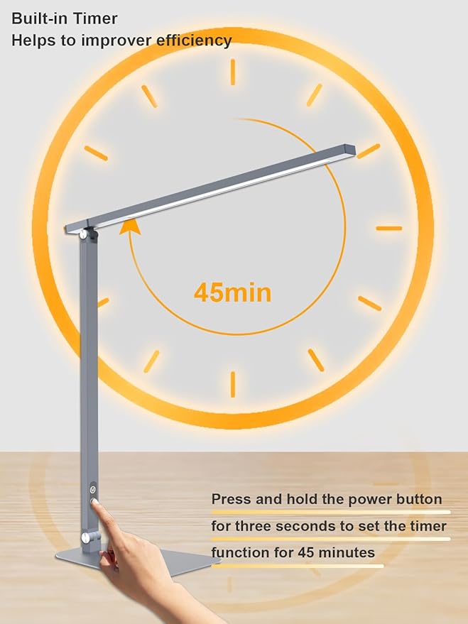 LED Desk Lamp Touch Control Aluminum Alloy Study Table Lamp Dimmable Eye-Caring,Bright Angle Adjustable Timer Portable Desk Light Wired for Home/Office/Dorm Work Reading Light with USB Cable
