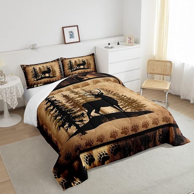 Feelyou Cute Deer Comforter Set for Girls Boys Kids Deer Hunting Bedding Set Room DecorBear Paw Print Tree Bedding Set Exotic Brown Duvet Set King Size 3Pcs Quilt Boys