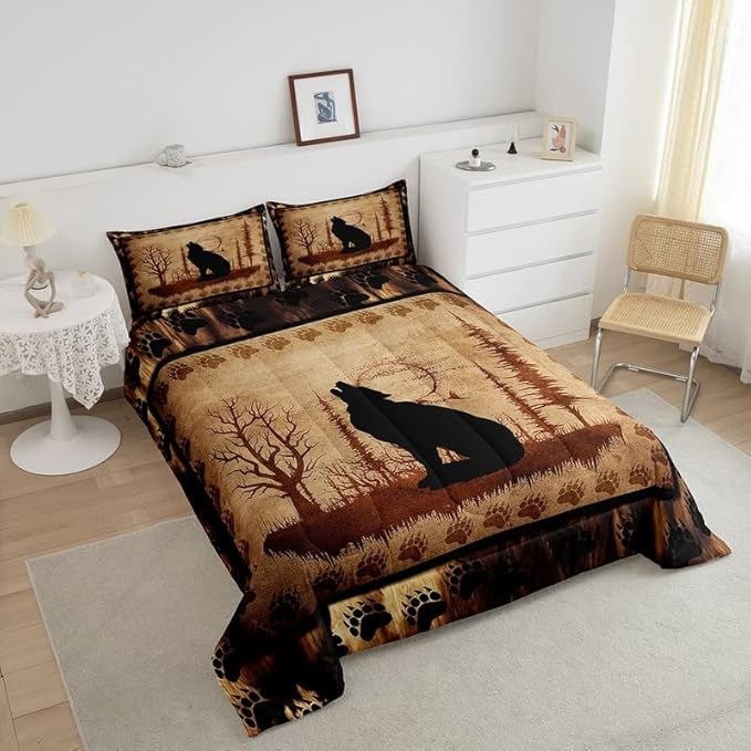 Feelyou Cute Wolf Comforter Set for Girls Boys Kids Wolves Howling Bedding Set Room Decorative Animal Wolves Tree Pattern Bedding Set Exotic Style Brown Black Duvet Set Queen Size 3Pcs Quilt Set