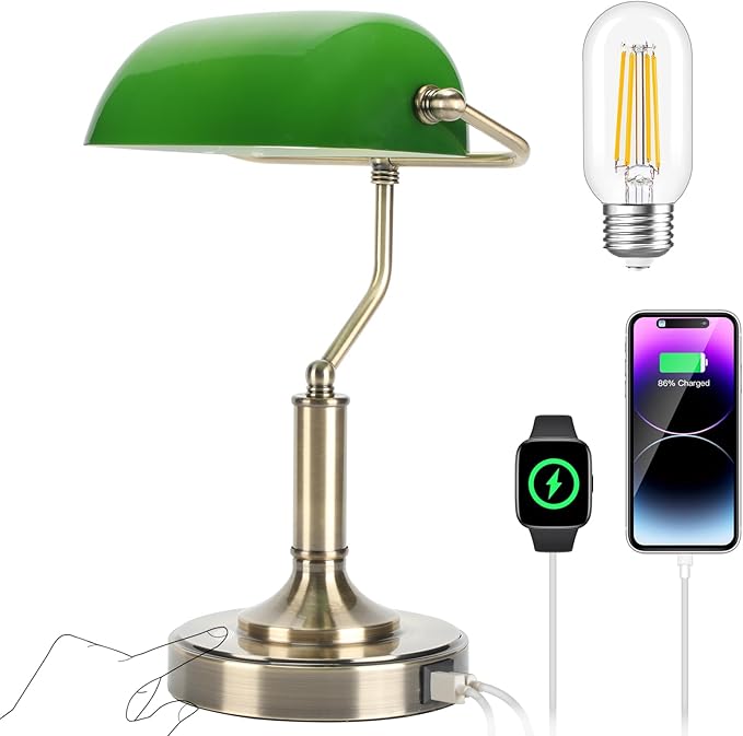 Bankers Lamp, Green Desk Lamp with Touch Control Switch, Retro Lamp with USB and Type C Charging Ports, Vintage Lamp for Home Office, Piano, Library, LED Bulb Included (Vintage)