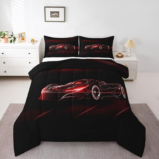 Feelyou Red Race Car Bedding Set Queen Size for Kids Boys Extreme Sport Games Comforter Set Teens Toddler Fast and Furious Duvet Set Cool Modern Quilt Set 3Pcs