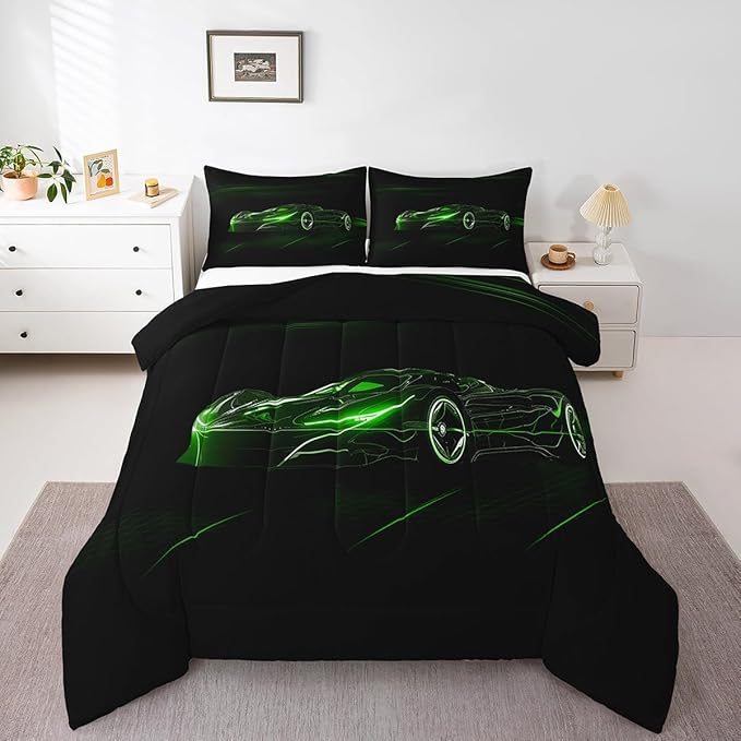 Feelyou Green Race Car Bedding Set Twin Size for Kids Boys Extreme Sport Games Comforter Set Teens Toddler Fast and Furious Duvet Set Cool Modern Quilt Set 2Pcs