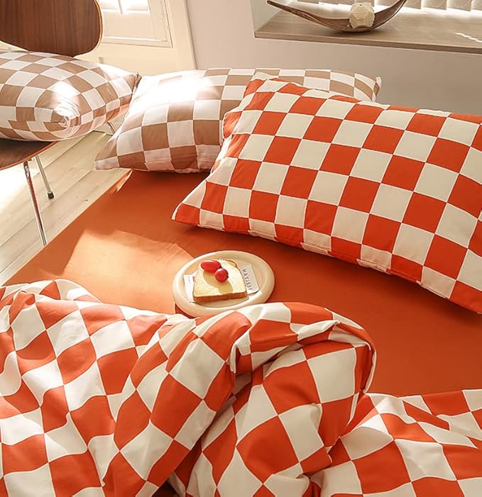 Orange White Grid Comforter Set Full Burnt Orange Plaid Bedding Set Girls Reddish and White Checkered Bed Comforter Set Breathable Blanket Set Kids Durable Bedding Comforter Set