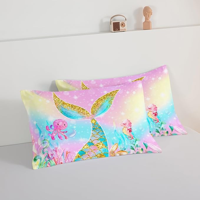 HOSIMA Mermaid Comforter with 2 Pillowcases,Girly Rainbow Bedding Set Mermaid Tail Comforter,Glitter Gold Fish Scales Twin Bed in a Bag,Cute Sea Animal Octopus Seahorse Comforter for Kids Teens.