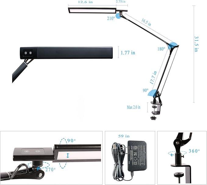 LED Desk Lamp, Architect Task Lamp, 12W Eye-Caring Metal Swing Arm Dimmable Drafting Table Lamp with Clamp,Touch Control Desk Lamp, Study Reading Work Office Workbench
