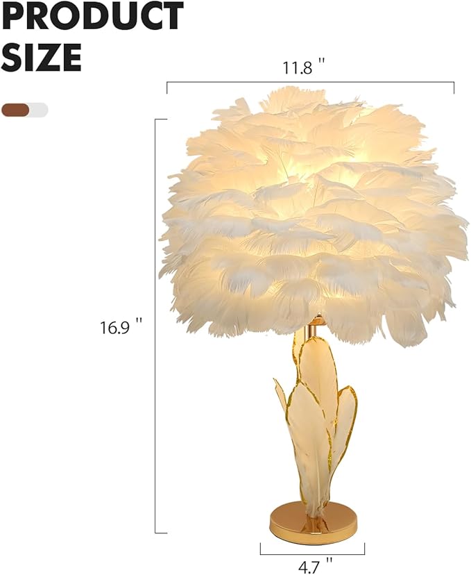 ZYLEIESENBAO Feather Desk Lamp Creative Girls Bedroom Decoration Lamp Modern White Feather Table Bedside Lamp Cute 12'' for Living Room Wedding Childrens Room