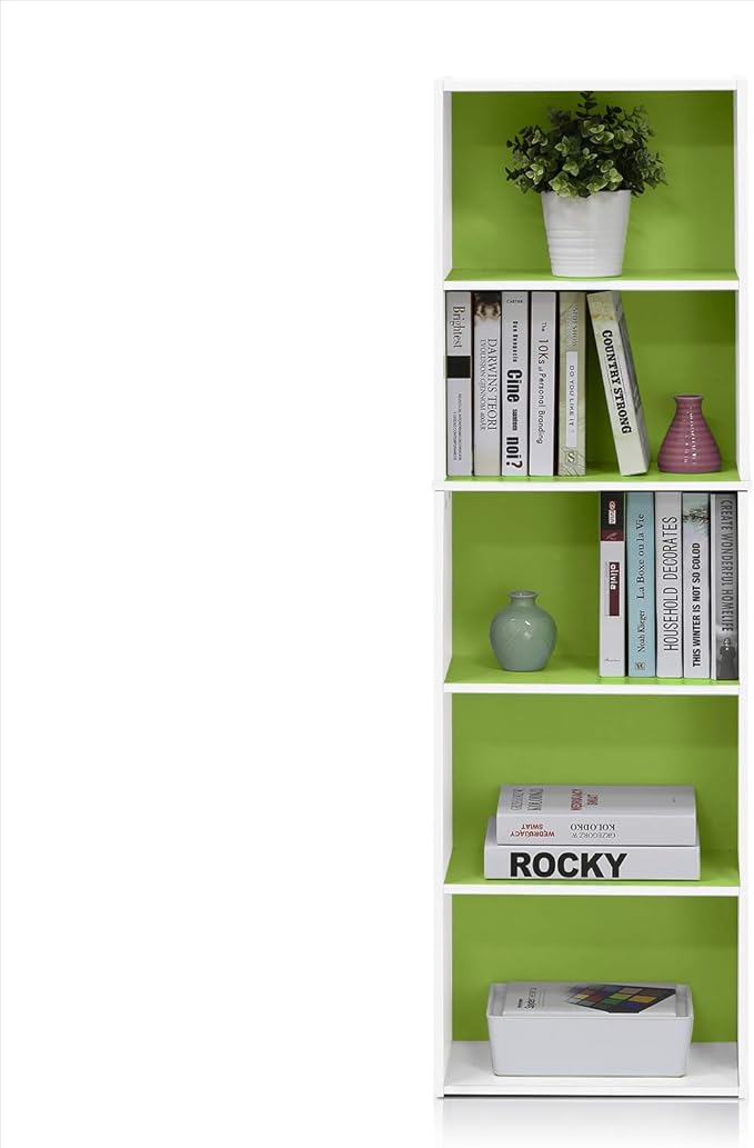 Furinno Luder Bookcase / Book / Storage , 5-Tier, White/Green