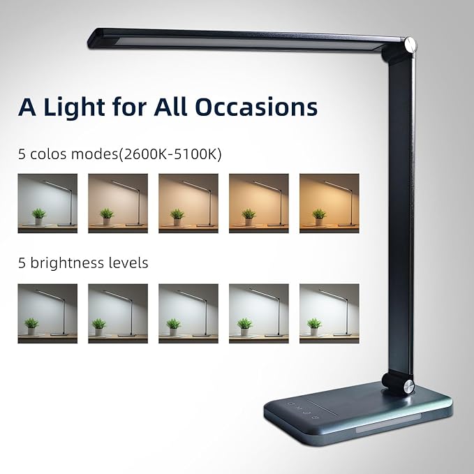 LED Desk Lamp, 5 Levels Dimmable Table Lamp Reading Lamp with USB Charging Port, 5 Lighting Modes, 30 Minutes Auto-Off Timer, Study Lamp, Eye-Caring Office Lamp with Night Light