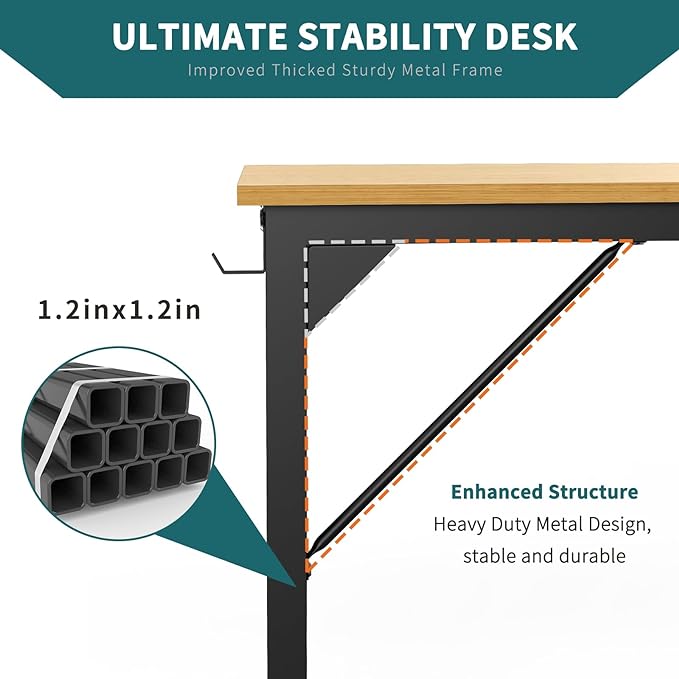 SMUG Computer Desk Small 32” Gaming Table Writing Work Student Study PC Workstation Simple Style Wooden with Side Bag Iron Hook Sturdy Metal Frame for Bedroom, Home, Office, Natural