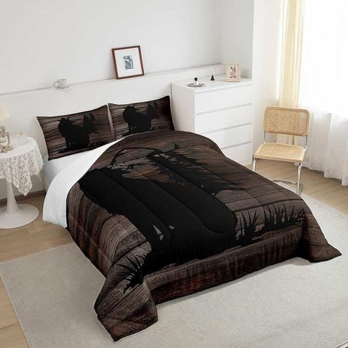 Cute Wolf Comforter Set for Girls Kids Wolves Howling Bedding Set Room DecorAnimal Wolves Tree Wood Grain Bedding Set Brown Black Duvet Set 3Pcs with 2 Pillow Case King Size Boys