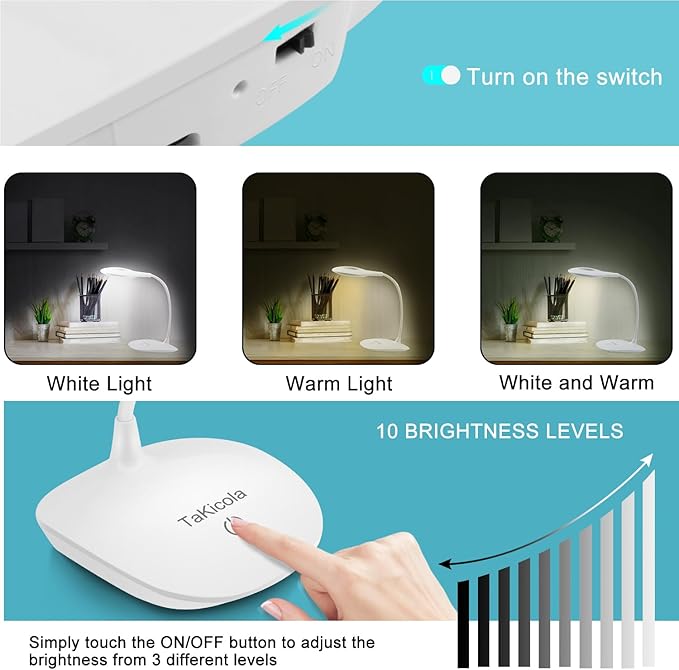 LED Desk Lamp Dimmable Table Light, 3 Modes, Stepless Brightness, Sensitive Control, Flexible 360° Adjustable Eye-Caring Office Read Lamp, Cordless USB Desk Light, White