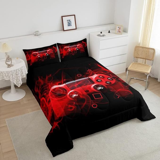 Feelyou Kids Gaming Comforter Set Twin Size Gamer Bedding Set for Boys Teens Gamer Bedroom Decor Youth Video Game Comforter Red Black Geometry with 1 Pillow Case