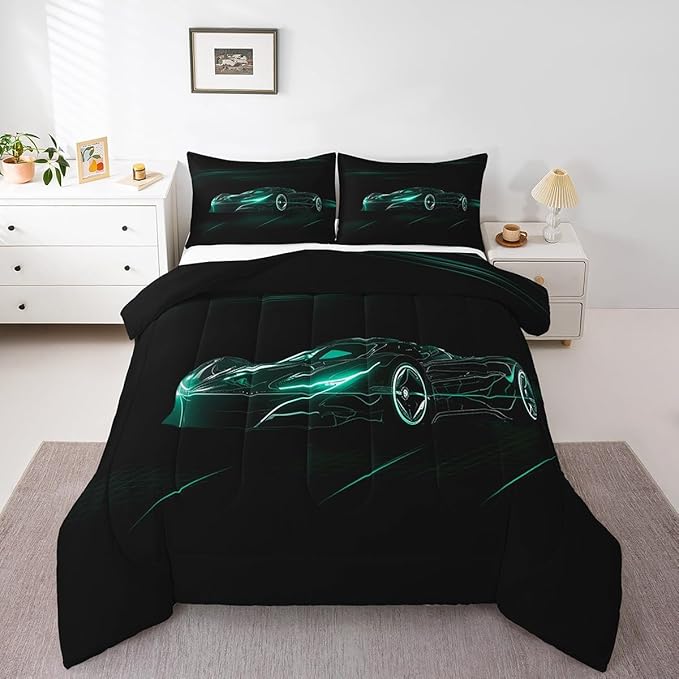 Feelyou Teal Race Car Bedding Set Twin Size for Kids Boys Extreme Sport Games Comforter Set Teens Toddler Fast and Furious Duvet Set Cool Modern Quilt Set 2Pcs