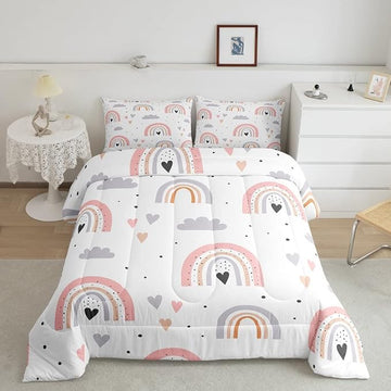 Rainbow Twin Bedding Sets For Girls, Kawaii Cloud Comforter Set 2 Pieces With 1 Pillow Case, Pink Love Heart Down Comforter For Kids Boys Women Adult, Hand Drawn Cartoon Rainbow Duvet Insert