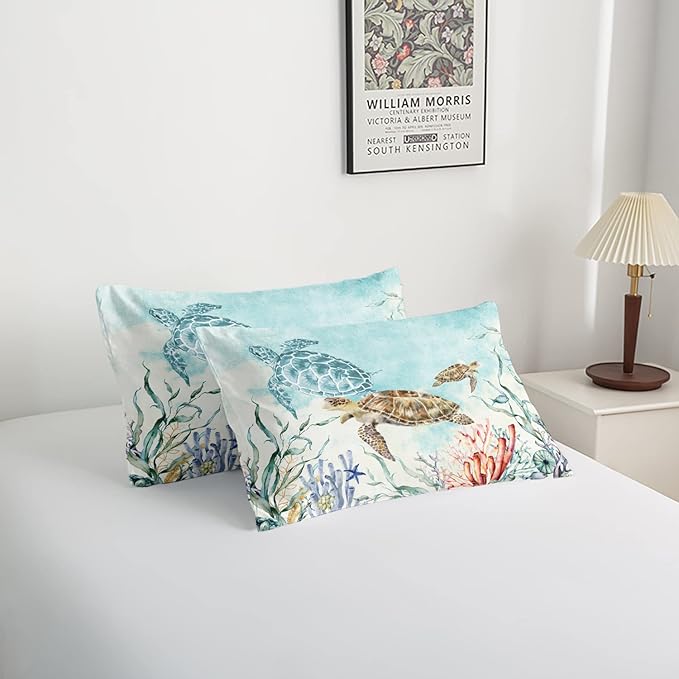 CVHOUSE Ocean Watercolor Sea Turtle Comforter Set, Queen Size, 1 Comforter, 2 Pillowcases, Polyester, for Adult, Teen, Kid, Modern Style, Unisex, Winter, Fall, Spring, Machine Wash