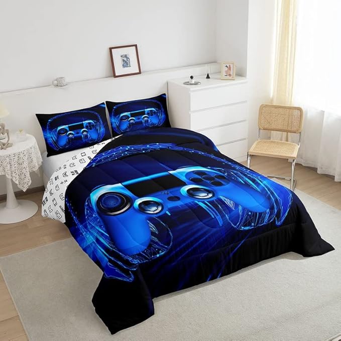 Gamer Bedding Set Kids Video Game Gamepad Comforter Set for Boys Teens Gaming Headset Comforter Breathable Blue Game Controller Duvet Set Room Decor Quilt Set Full Size