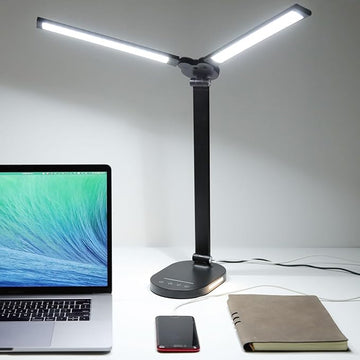 LED Desk Lamps for Home Office, 14W Double Swing Arm Desk Lamp with USB Charging Port, Eye-Caring Architect Task Lamp, Touch Control Desktop Lamp with Night Light Table Light for Work Study Craft