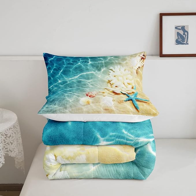 Ocean Comforter Set Queen Beach Bedding Coastal Nature Theme Pattern Teal Duvet Set Boys Girls Hawaiian Quilt Sets Sea Wave Animals Starfish Reversible Comforter Set 2 Pillowcases, Blue Room Decor