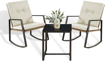 3 Pieces Rocking Bistro Set Outdoor Wicker Patio Furniture Conversation Coffee Table,Washable Cushion for Porch,balcony,Garden,Backyard,Poolside(Beige)