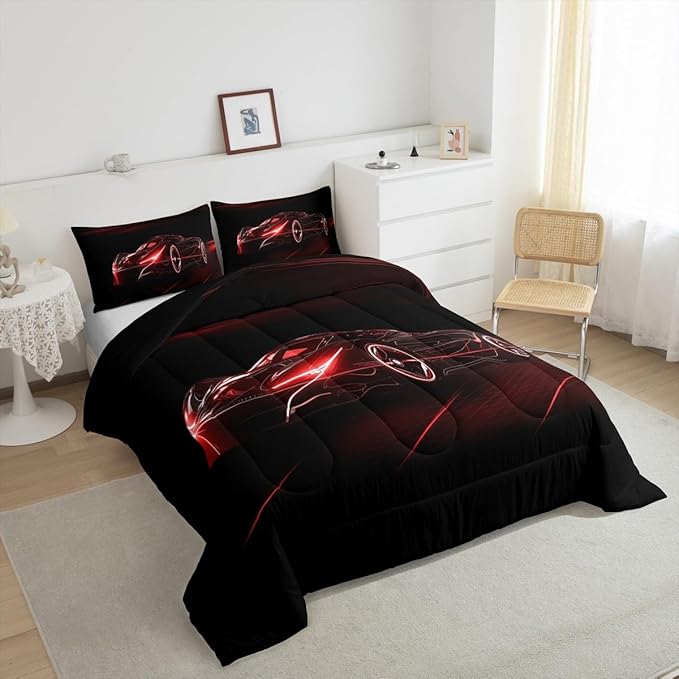 Feelyou Red Race Car Bedding Set Queen Size for Kids Boys Extreme Sport Games Comforter Set Teens Toddler Fast and Furious Duvet Set Cool Modern Quilt Set 3Pcs