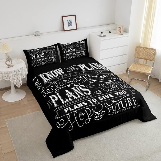 Feelyou Kids Vintage Bible Verse Comforter Set Christian Bible Verse Jeremiah Comforter Set for Boys Children Teens Bedroom Decor Modern Comforter Black Duvet Set King Size with 2 Pillow Case