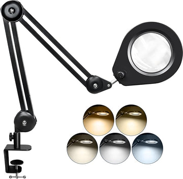 Magnifying Lamp, 10X Illuminated Magnifier Lamp with Internal Spring Swing Arm and Desk Edge Clamp