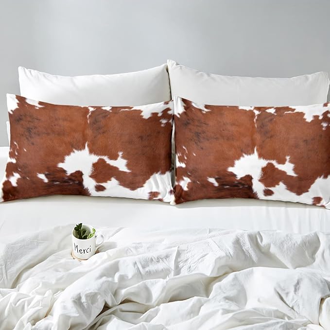 Erosebridal Cow Print Bedding Set Twin, Brown White Cowhide Comforter Set, Farmhouse Animal Hair Bedding Set for Kids Teens Adult Milk Western Cowboy Rustic Duvet Set Home Room Decor
