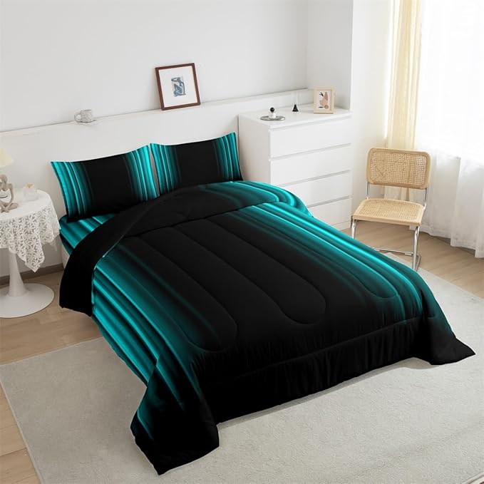 Geometric Abstract Ombre Comforter Set Kids Teens Teal and Black Striped Bedding Bed Set Decor Modern Fashion Comforter Inner Fill Bedroom Collection 2Pcs Twin Size