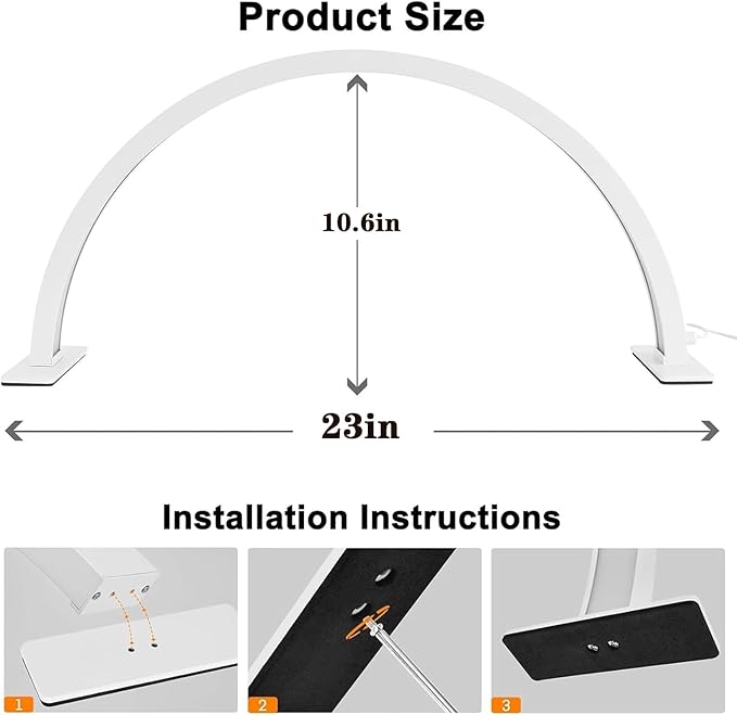 Half Moon Lamp for Naiil Desk 3000-6000k 50w LED Lash Lamp for Lash Extension Led Light for Nails tech, Stepless Dimming 3 Color Led Light for Nails Tech (White, 23IN)