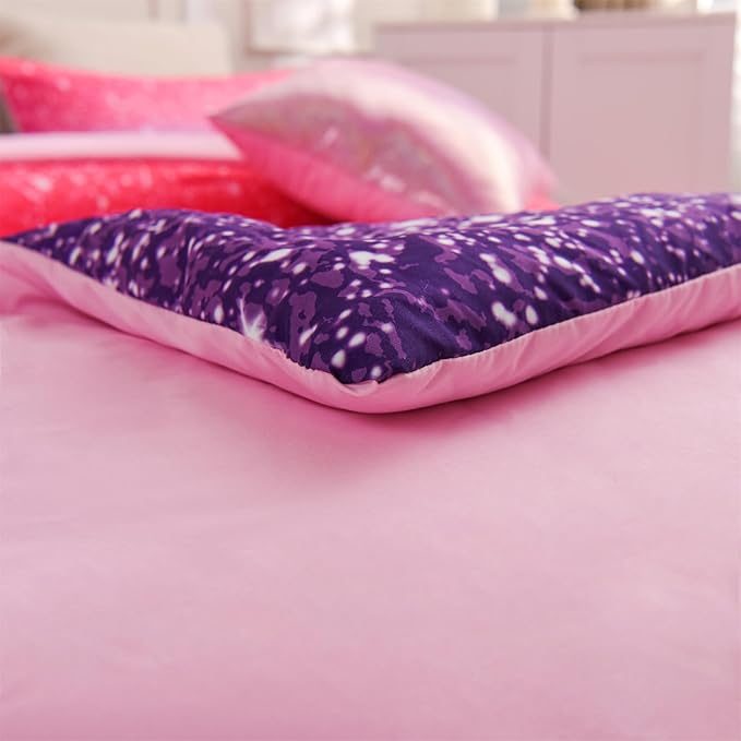 A Nice Night Girls Comforter Set Full 6 Piece Bed in A Bag 3D Colorful Sparkle Galaxy Rainbow Bedding Comforter Sheet Sets for Kids,RedPurple