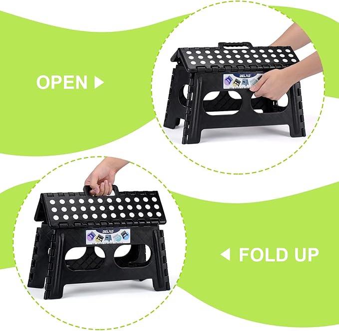Delxo Folding Step Stool for Kids and Adults,15-Inch Extra Wide 9 Inch Height Heavy Duty Stepping Stool More Safe and Comfortable Non Slip Foldable Step Stool Black