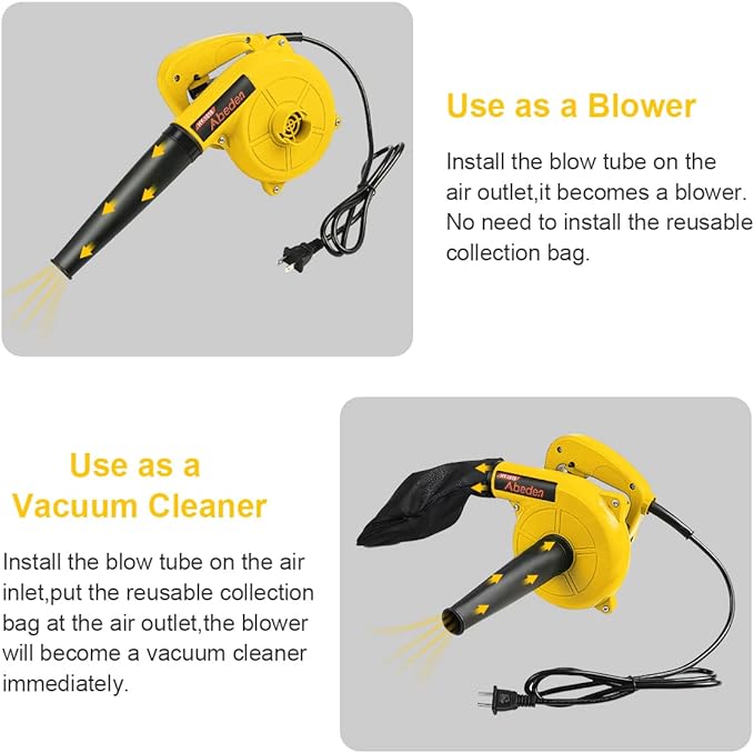Corded Electric Leaf Blower,2 in 1 Small Handheld Lightweight Sweeper/Vacuum,110V 400W Portbale Blower for Leaf/Snow/Dust Blowing (Yellow)