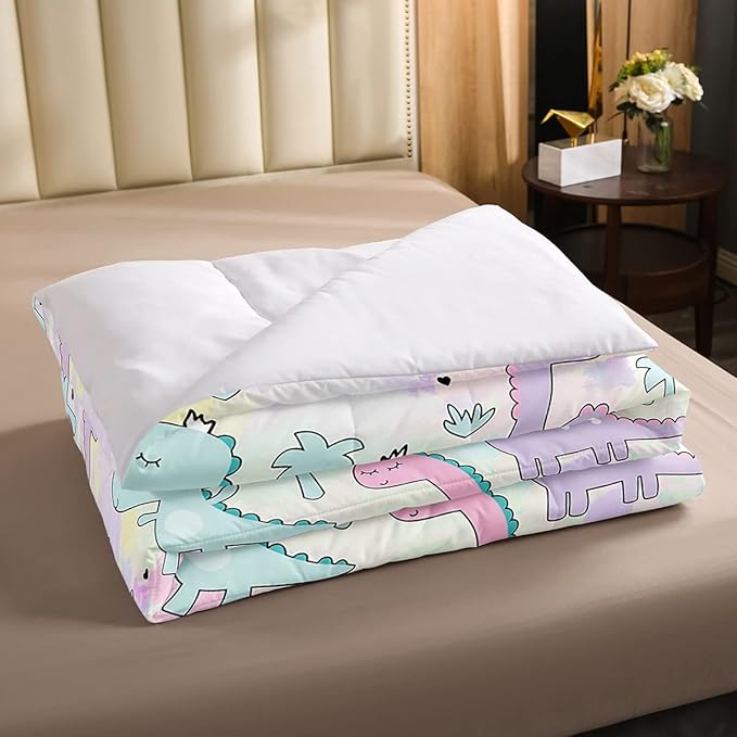 Erosebridal Dinosaur Comforter Set Twin Size, Kawaii Dinosaur Bedding Sets for Kids Girls Boys Gift Bedroom Decor, Cartoon Cute Animals Duvet Set,Palm Leaf Down Comforter, Green Purple Pink