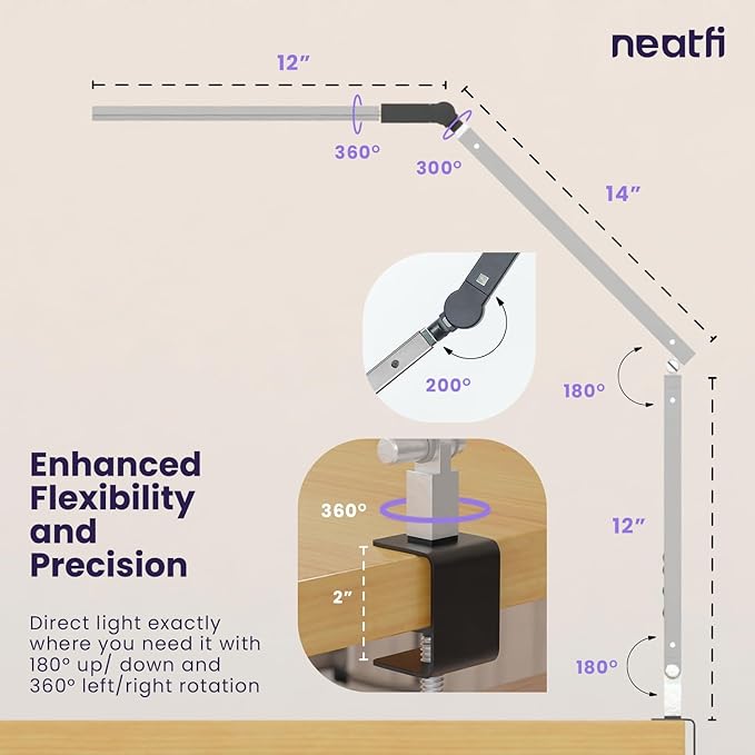 Neatfi LED Desk Lamp with Clamp, Touch & Remote Controlled, Stepless Dimming, 3 Color Modes, 3000-6000K, Detachable Shade, Flicker-Free, 360° Rotation, Wide Angle Lighting (Modern, Silver)