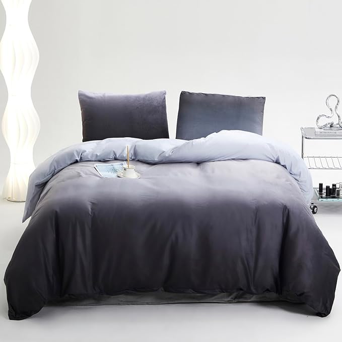Gray White Gradient Comforter Set Cal King Gray Velvet Bedding Comforter Modern Plain White and Deep Gray Gradient Soft Quilt Farmhouse Flannel Comforter Warm California King Bed Comforter