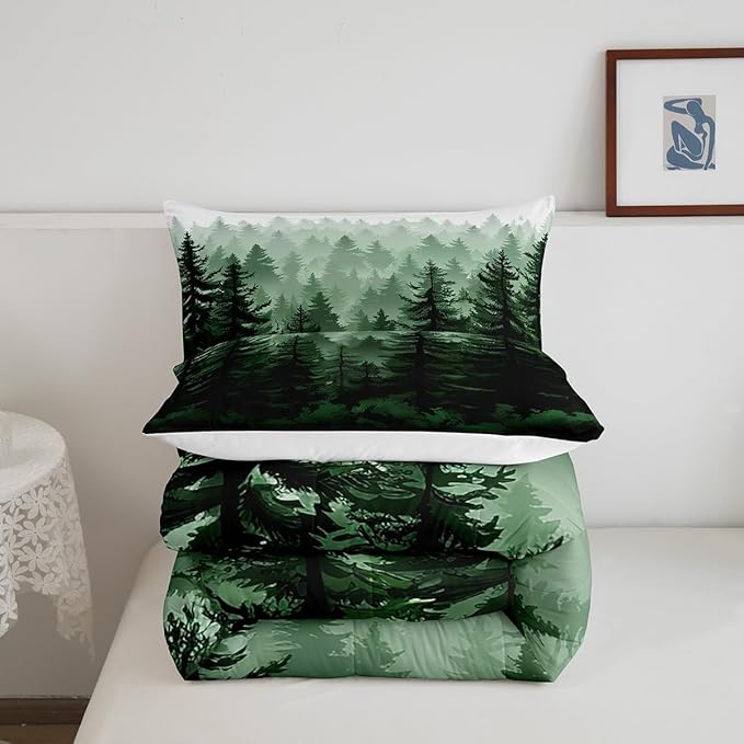 Feelyou Fog Forest Comforter Botanical Pine Trees Comforter Set for Boys Girls Children Watercolor Style Green Comforter Set Room Decor Twin Size Duvet Set 2Pcs