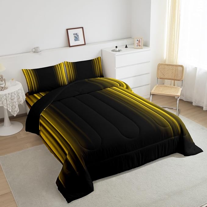 Geometric Abstract Ombre Bedding Bed Set Men Adults Teens Yellow and Black Striped Comforter Set Kids Boys Girls Simple Modern Comforter Inner Fill Bedroom Collection 2Pcs Twin Size