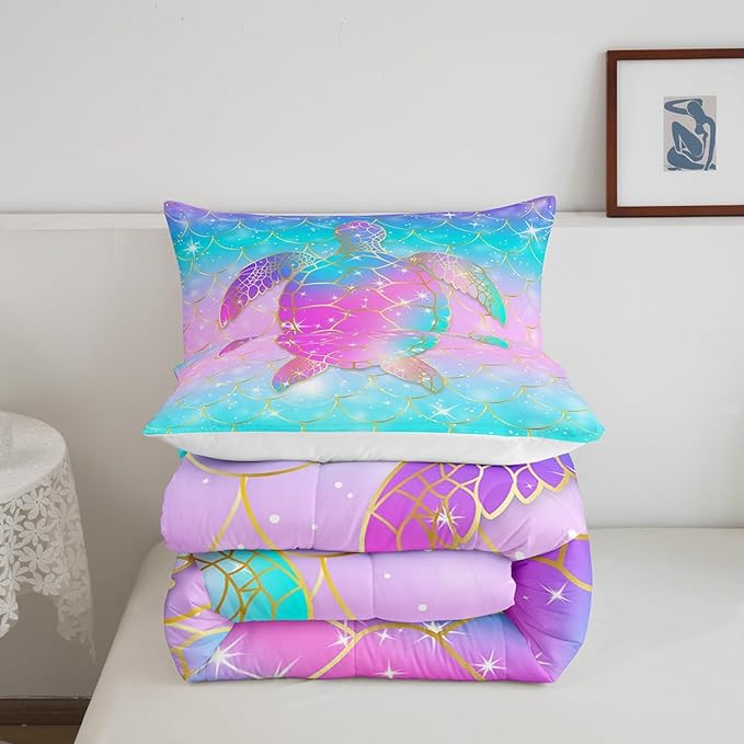 Erosebridal Mermaid Scales Comforter Set for Girls, Tortoise Reptile Bedding Set King Size, Sea Turtle Ocean Life Duvet Sets for Kids Children Boys Women, Sweet Girly Down Comforter, Teal Blue