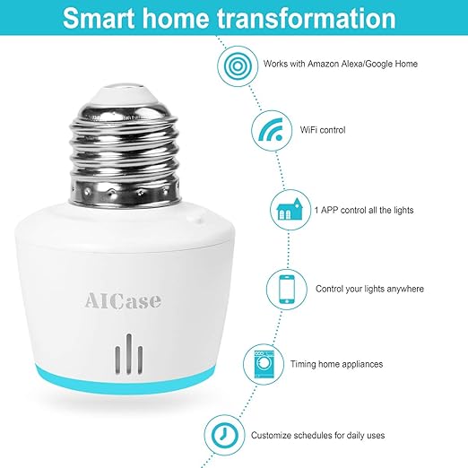 AICase Smart WiFi E27/E26 Light Socket, [2 Pack] Intelligent WLAN Home Remote Control Light Lamp Bulb Holder Compatible with Alexa and Google Home-White