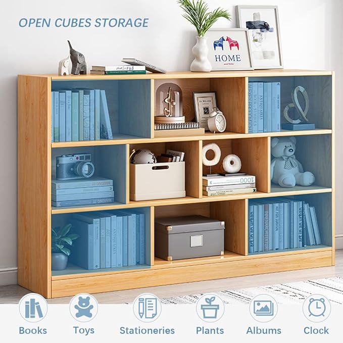 IOTXY Open Shelf Low Bookcase - Wooden 3-Tier Floor Standing Display Cabinet Organizer with Base, 5 Cubes Short Horizontal Bookshelf in Bright Blue