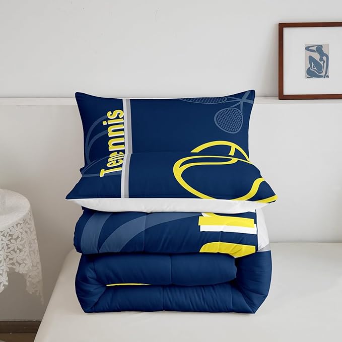 Feelyou Kids Tennis Comforter Set Queen Size Tennis Sports Bedding Set for Boys Girls Teens Bedroom Decor Tennis Gaming Comforter Blue Yellow Tennis Lovers Duvet Set with 2 Pillow Case