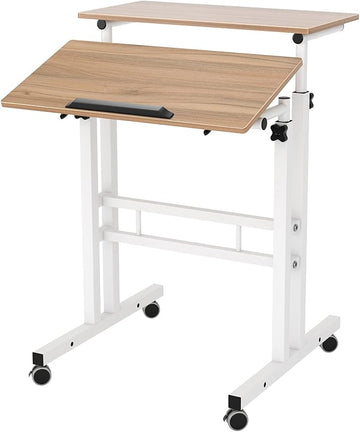 DlandHome Mobile Standing Desk Stand Up Desk Rolling Desk, Stand Sit Desk Mobile Computer Desk Adjustable Standing Desk 23.6inches Table Workstation Mobile Desk Cart Tray Oak