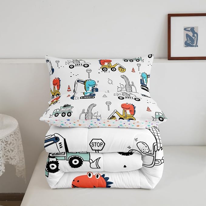 Feelyou Kids Cartoon Car Comforter Set Construction Bedding Set Twin Size Tractor Vehicle Truck Comforter for Kids Boys Girls Cute Dinosaur Quilt Set Yellow Blue Soft for Teens Child Room Decor